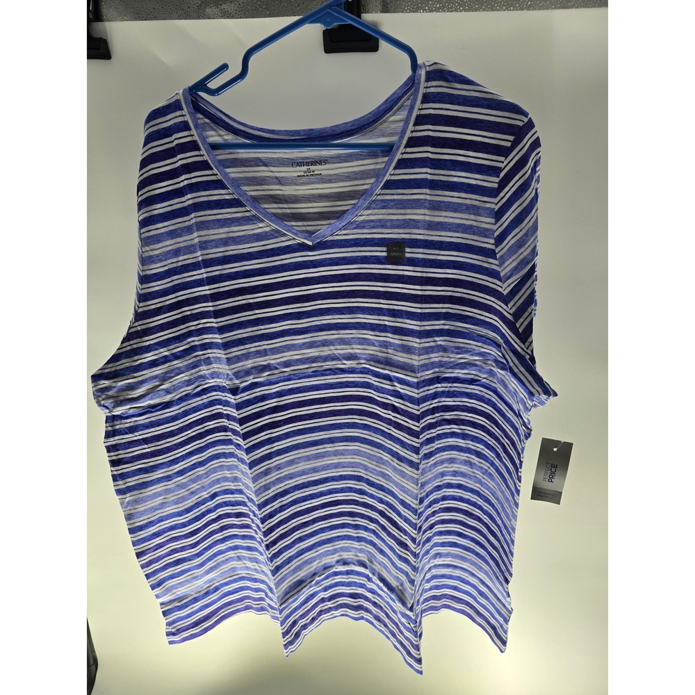 Catherines Womens Plus 2X 22/24W Blue White Striped V-Neck Short‎ Sleeve T-Shirt